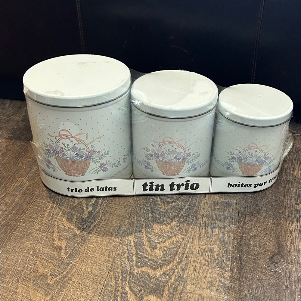New Vintage Ballonoff Metal Canister Set, Basket of Flowers, 1980s Kitchen Decor